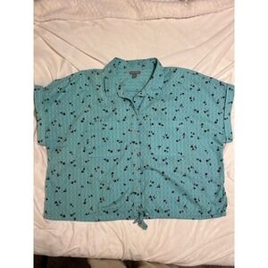 Falls Creek Teal Blue Floral Checkered Tie Front Button Down Shirt Plus Size 2X
